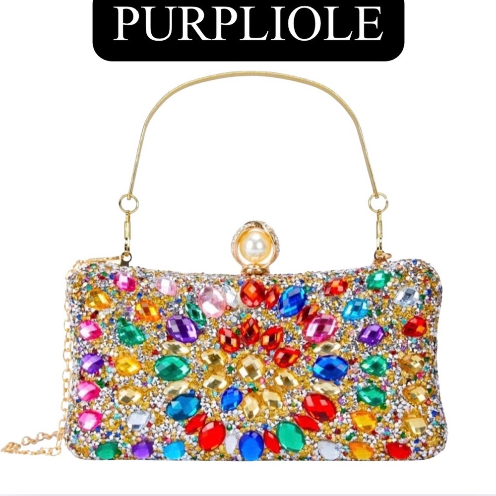 Multicolor Rhinestone Clutch w/Chain Strap